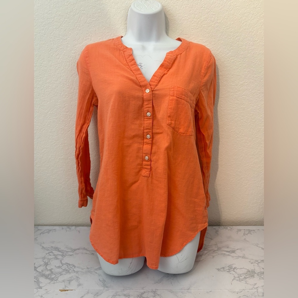 Old Navy Women’s S Top Coral Orange Woven Tunic Y-Neck Henley Pullover Shirt​